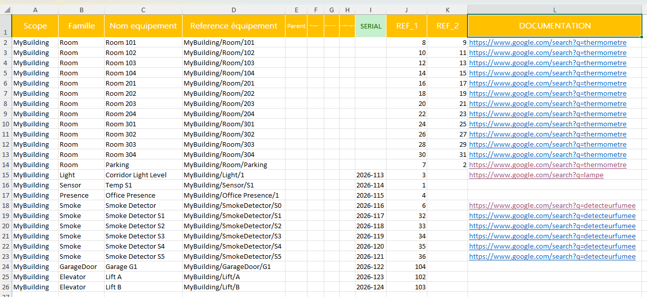 Ajout de la colonne DOCUMENTATION dans le fichier Excel.