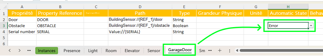 Configuration du défaut Porte bloquée via l’état automatique Error dans Excel.