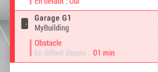 Affichage du défaut Porte bloquée sur la porte de garage dans l’interface.