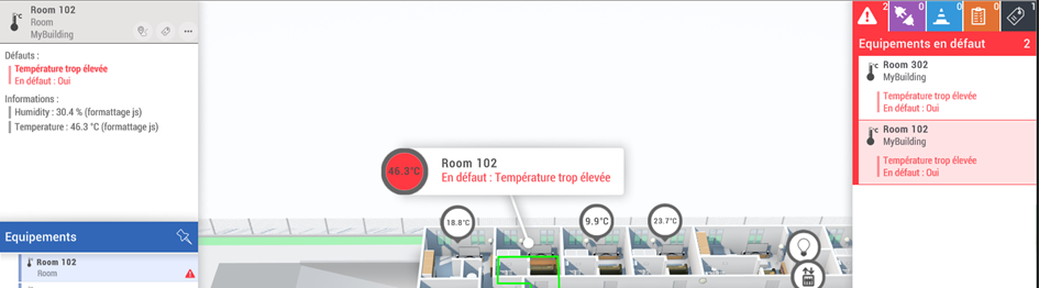 les pièces dont la température dépasse la valeur de seuil configurée sont affichées avec le défaut de température trop élevée