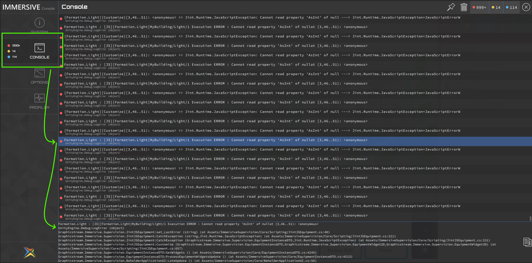 Liste des logs et erreurs dans la console de debug.