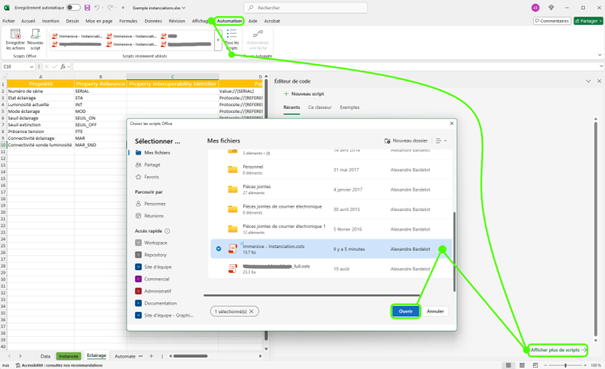 Import du script d’automatisation Office dans Excel.