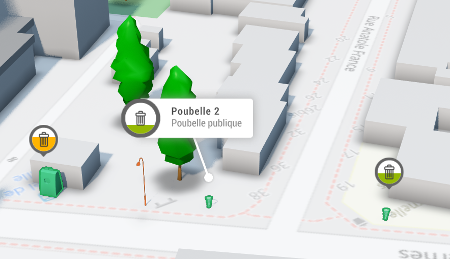 Affichage du taux de remplissage d’une poubelle via le remplissage de l’icône Widget3D.