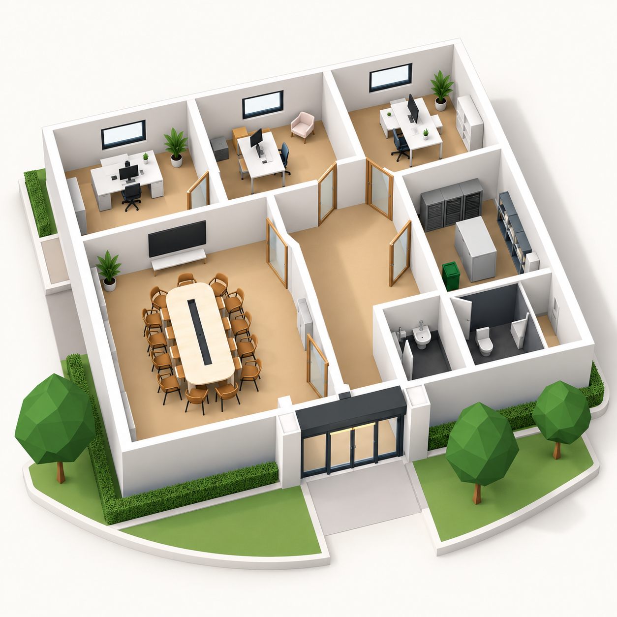 3D-Abbild des Gebäudes. Markierungen verbinden den Bildschirm im Besprechungsraum (1), den Technikschrank (2) und die Eingangstür (3) mit ihren Einträgen in der Anlagenliste.