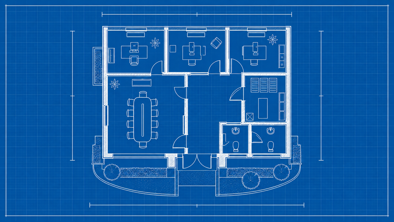 Architekturplan desselben Bürogebäudes mit weißen Linien auf blauem Hintergrund, mit Besprechungsraum, Büros, Verkehrsflächen und Technikräumen.